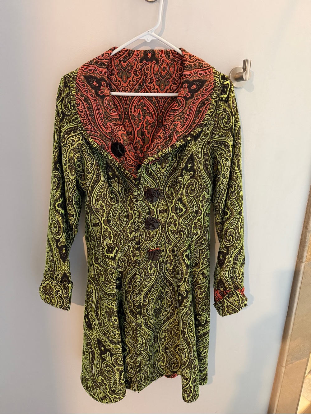 Paisley Print Reversible Collar Coat - Lime Green & Coral